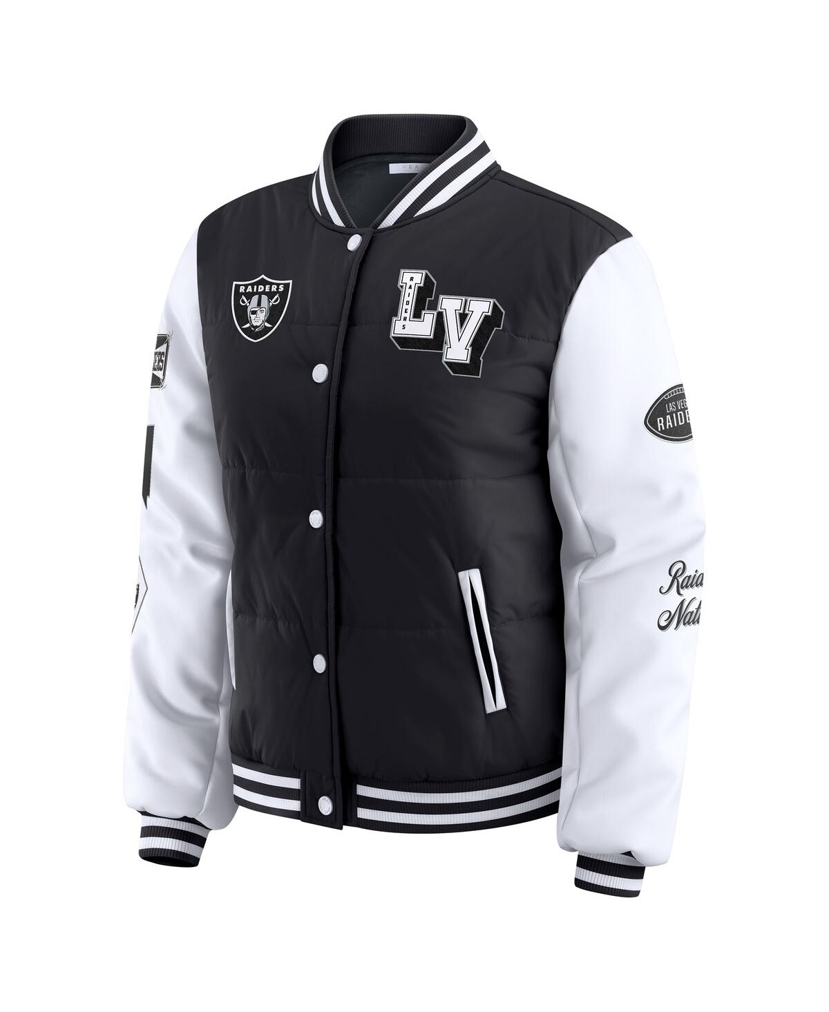 Wear By Erin Andrews Women's Black Las Vegas Raiders Varsity Full-snap Puffer Jacket In Multi