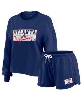 Women's 2-Piece Navy Atlanta Braves Heavy Rugby Jersey Cropped Long Sleeve T-Shirt and Shorts Lounge Set