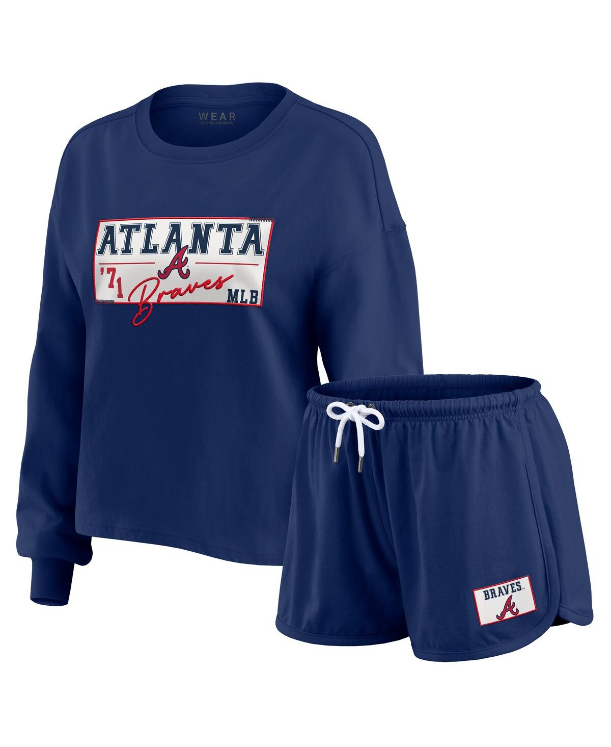 Wear By Erin Andrews Women's 2-piece Navy Atlanta Braves Heavy Rugby Jersey Cropped Long Sleeve T-shirt And Shorts Lounge In Blue