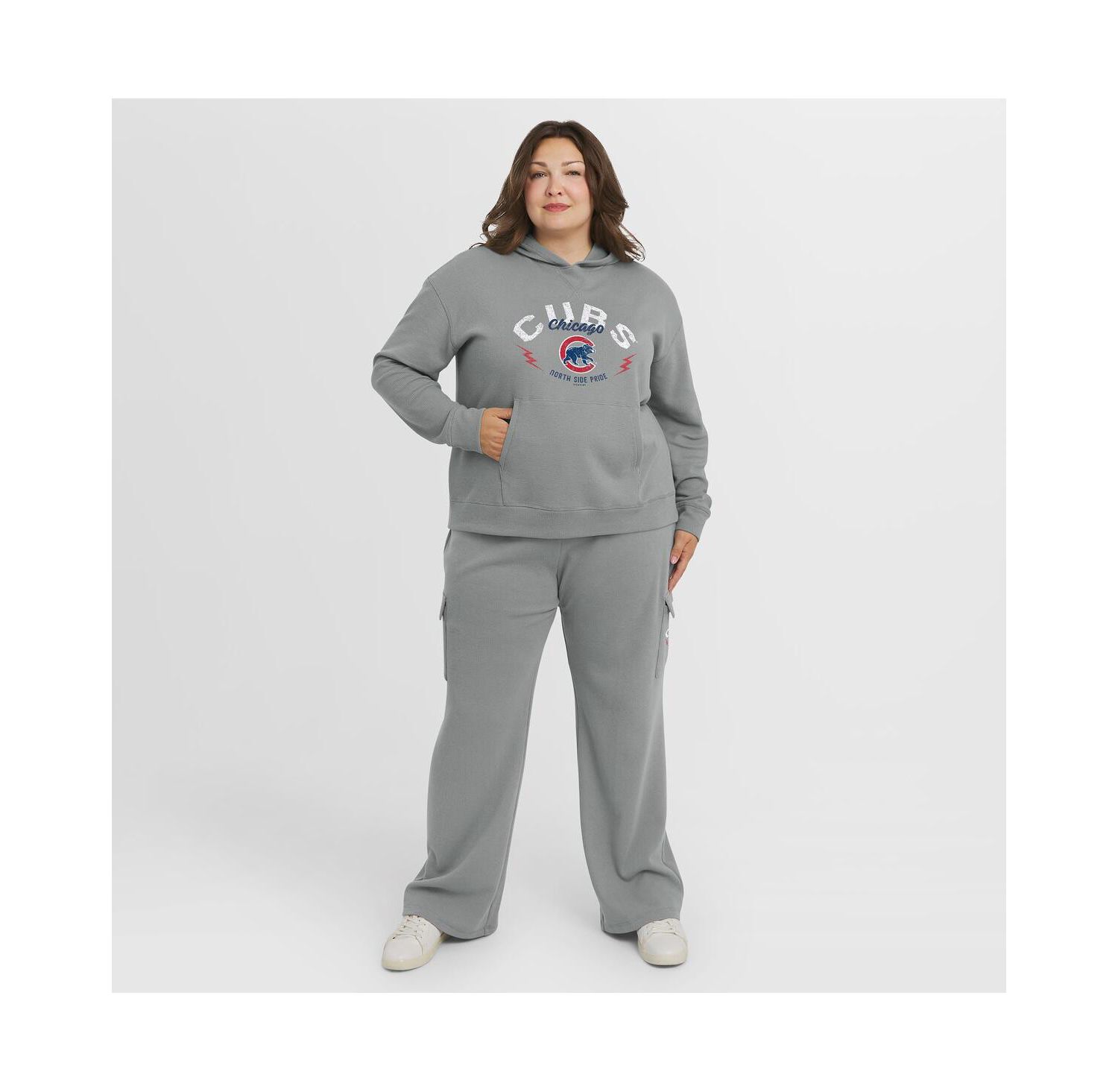 Women's Gray Chicago Cubs Plus Size Waffle-Knit Long-Sleeve Hoodie & Lounge Pant Set
