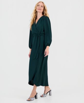 Women's Surplice-Neck Faux-Wrap Long-Sleeve Dress