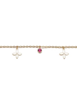 14K Gold Plated with Red Cubic Zirconia and Floral Charm Bracelet
