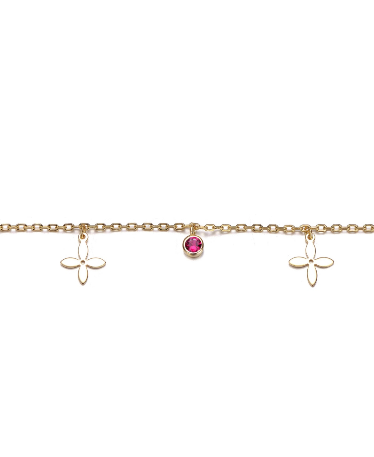 14K Gold Plated with Red Cubic Zirconia and Floral Charm Bracelet