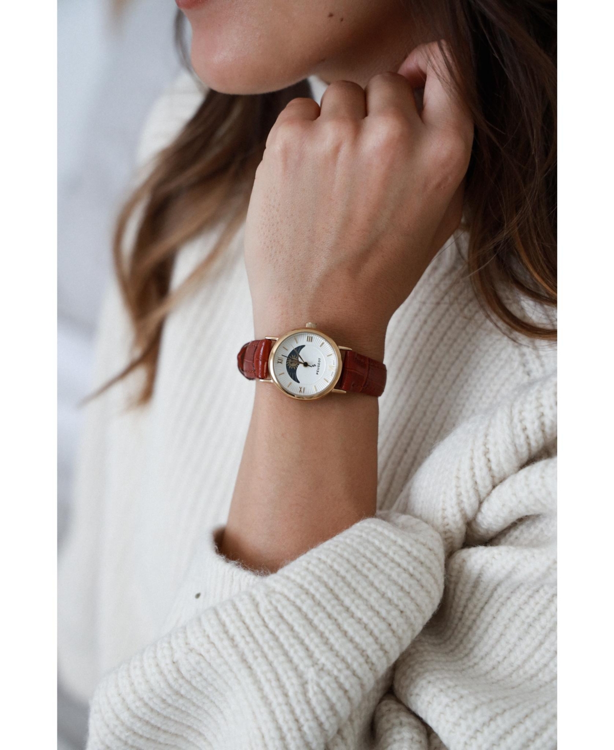 Peugeot Women's 26mm Sun-Moon Phase Gold Watch with Brown Leather Strap