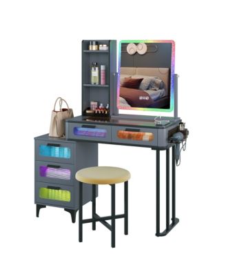 RGB Vanity Set with Glass Top, USB & Wireless Charging, 5 Drawers