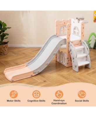 6-in-1 Toddler Slide L-shaped Playground with Basketball Hoop and Ladder