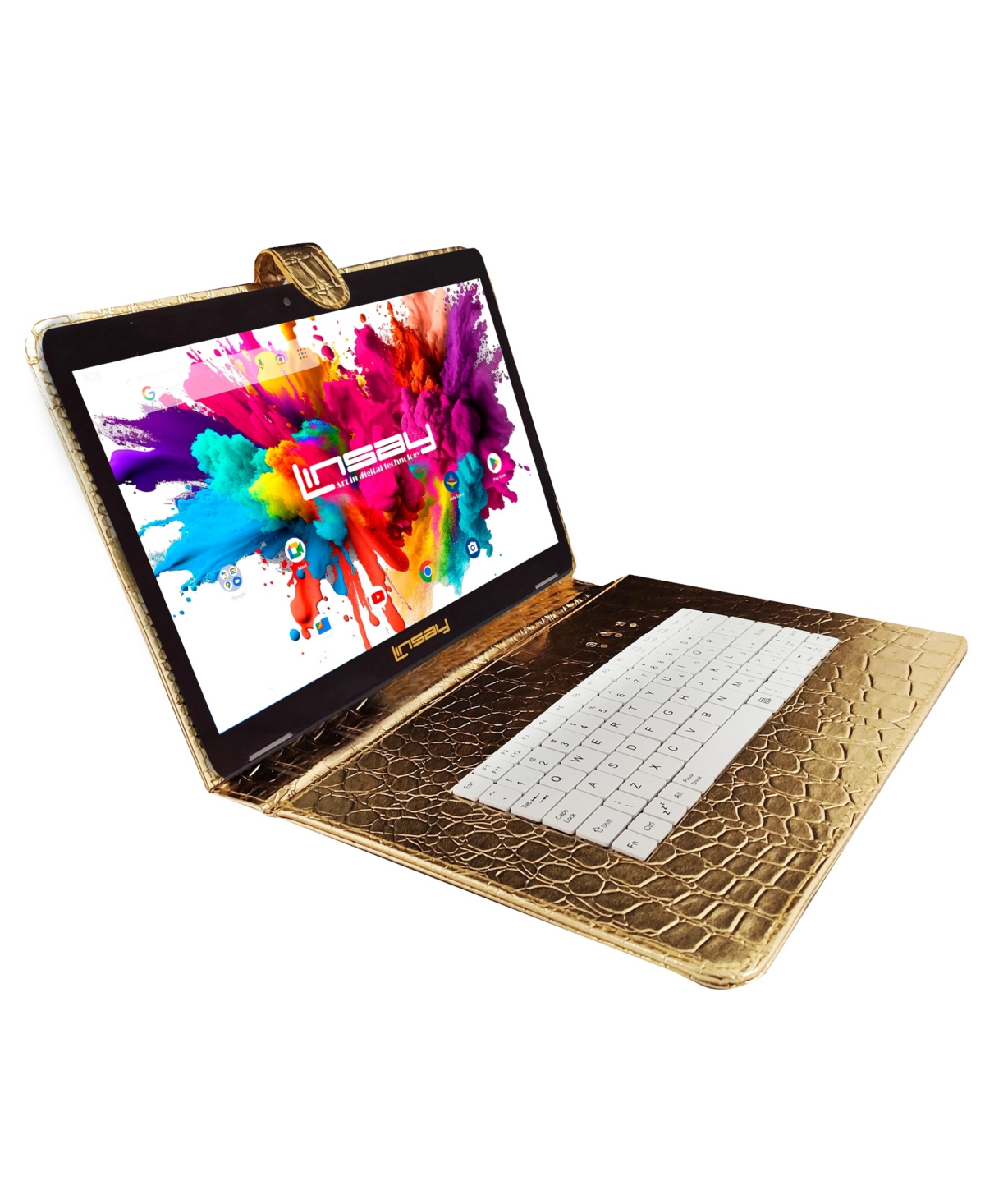 Linsay New 10.1" Tablet Octa Core 128GB Bundle with Exclusive Luxury Gold Keyboard and Newest Android 13