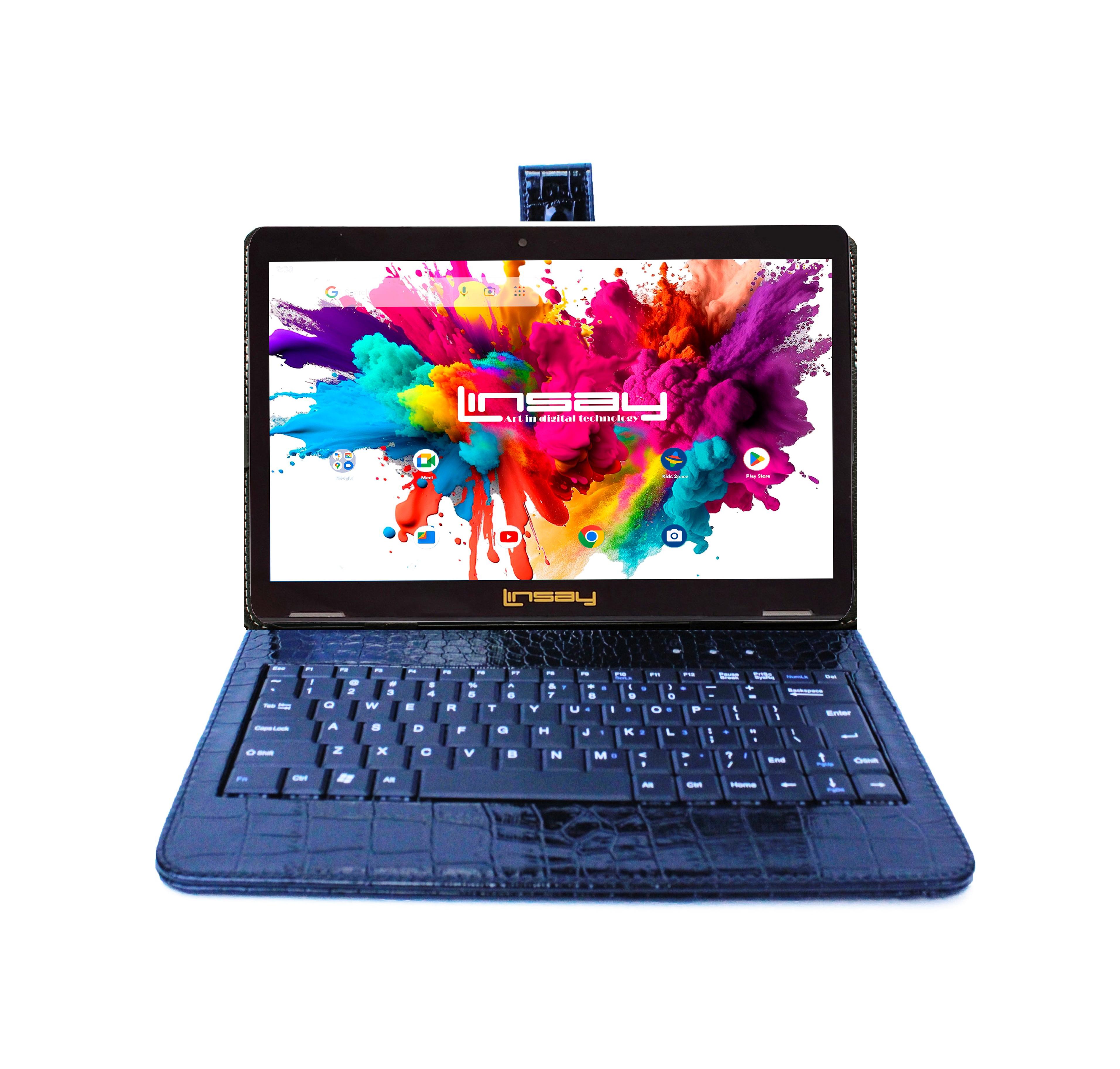 New Linsay 10.1" Tablet Octa Core 128GB Bundle with Exclusive Luxury Black Crocodile Style Keyboard Newest Android 14