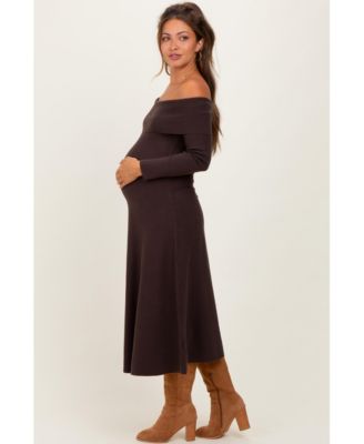 Maternity Brown Off Shoulder Sweater Midi Dress