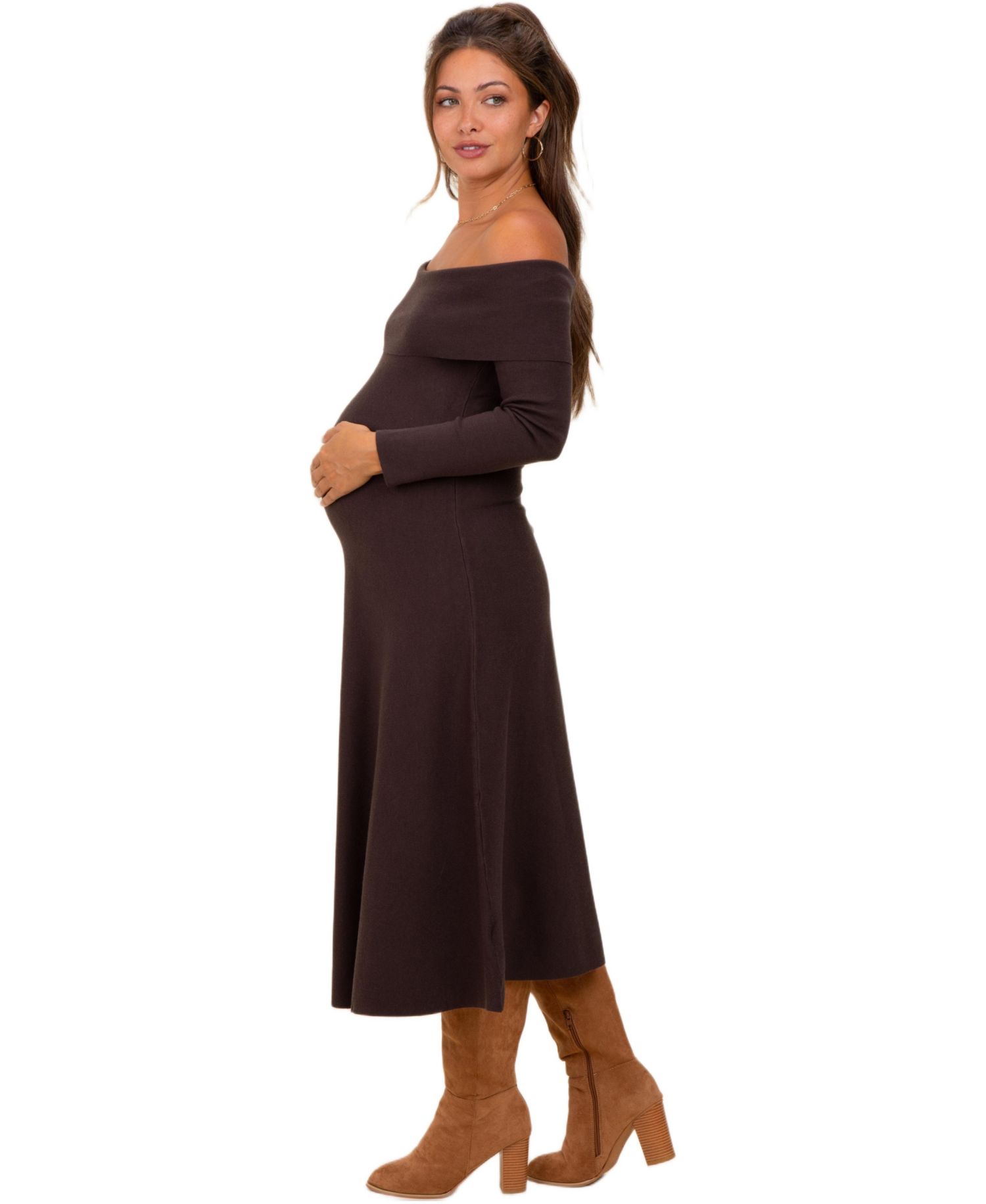 Women's Brown Off Shoulder Sweater Midi Dress