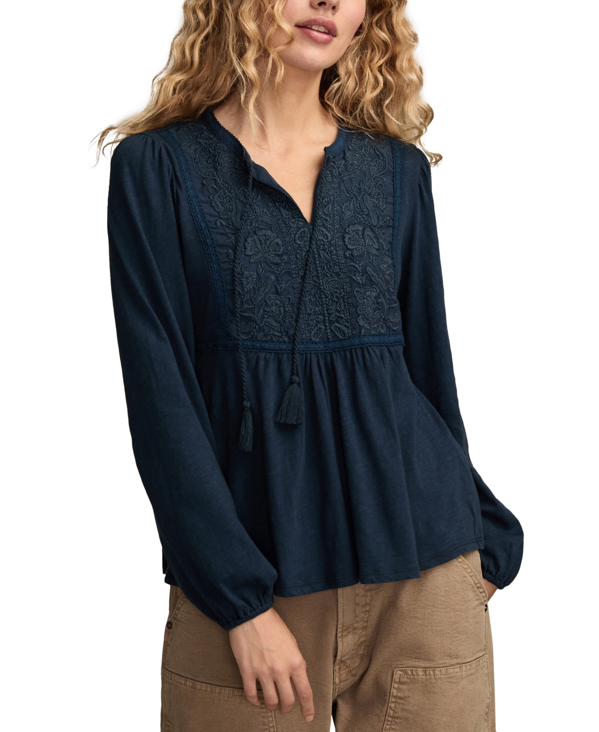 Lucky Brand Women's Embroidered Bib Peasant Top
