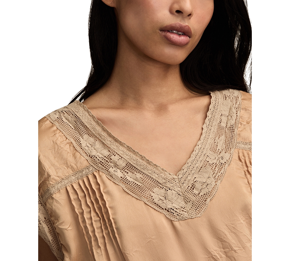 Lucky Brand Lace Cap Sleeve Shirt In Brown