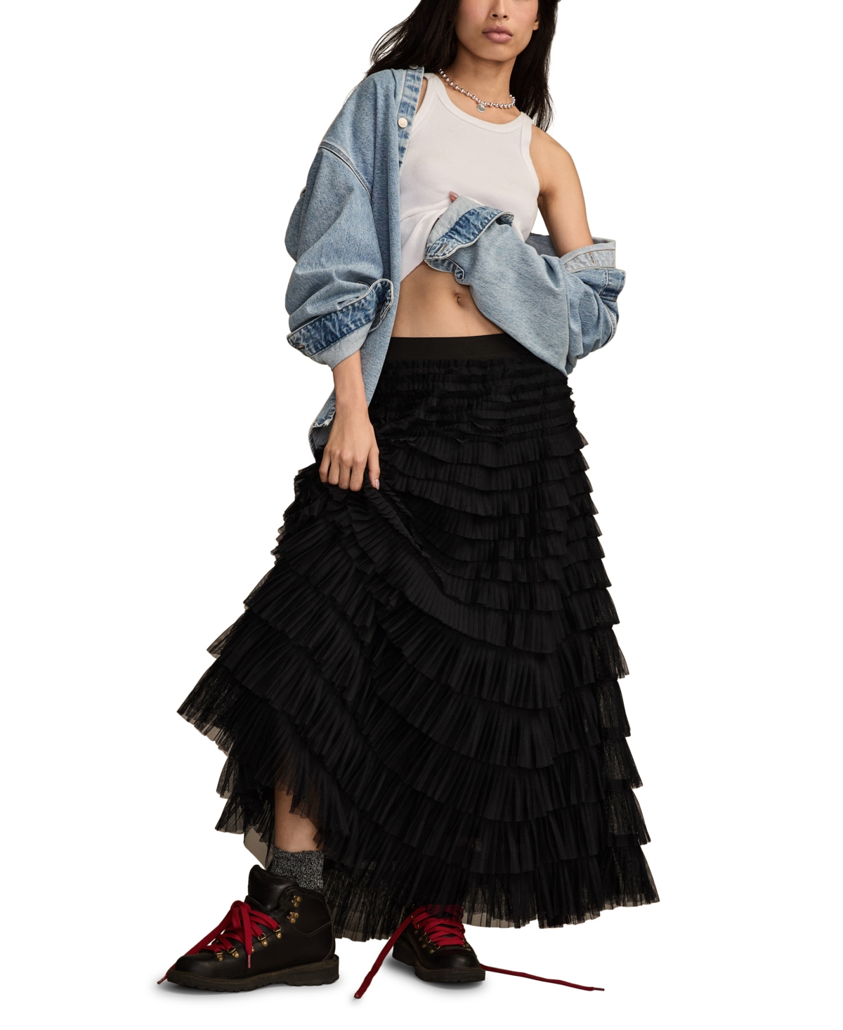 Lucky Brand Tiered Ruffle Tulle Maxi Skirt In Black
