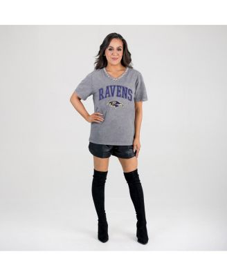 Women's Gray Baltimore Ravens Relaxed Iconic Edge Rhinestone V-Neck T-Shirt