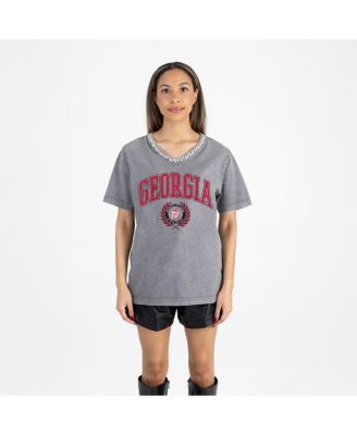 Women's Gray Georgia Bulldogs Iconic Edge Rhinestone V-Neck T-Shirt