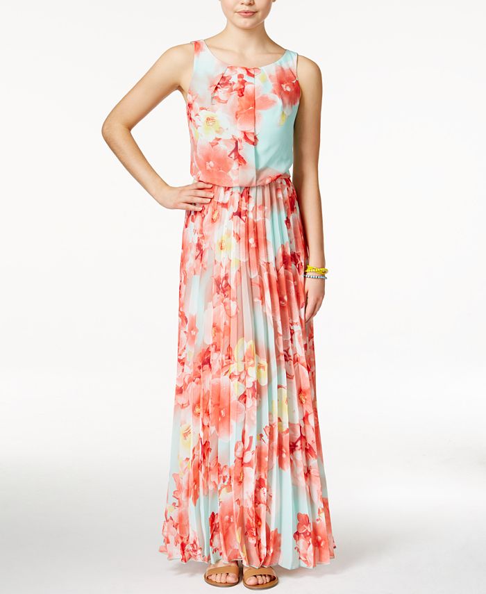 B Darlin Juniors' Floral-Print Chiffon Pleated Maxi Dress - Macy's