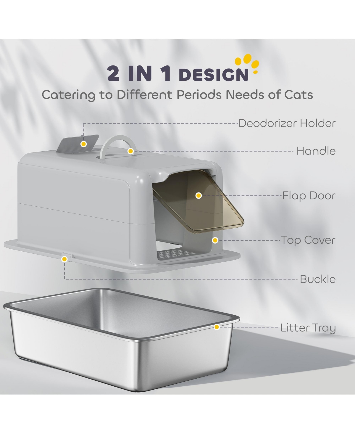 PawHut 2 in 1 Stainless Steel Cat Litter Box with Removable Lid,