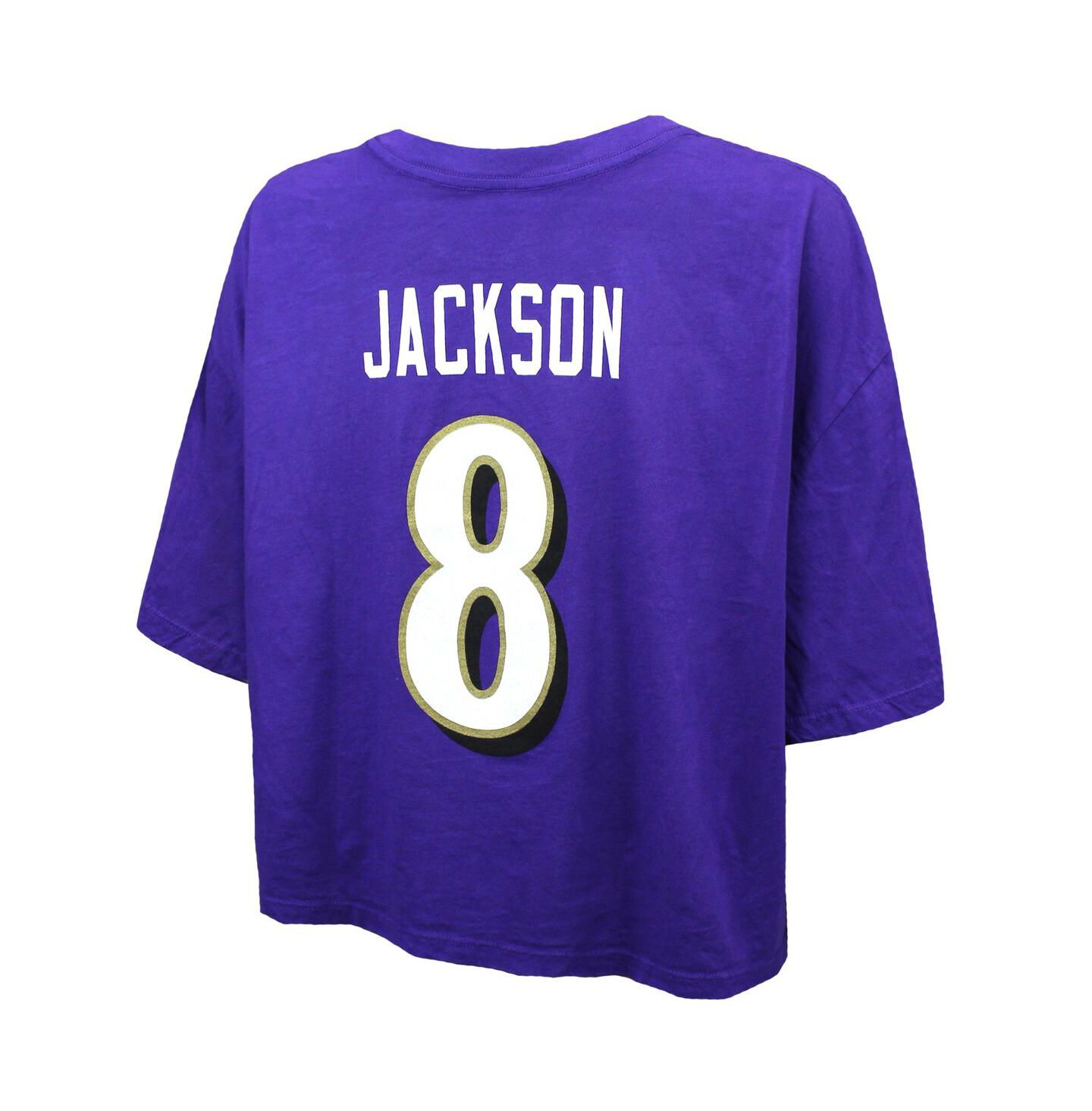 Женская футболка Majestic Threads Lamar Jackson Purple Baltimore Ravens Swarovski Crystals Boxy Cropped Name & Number — фото 3