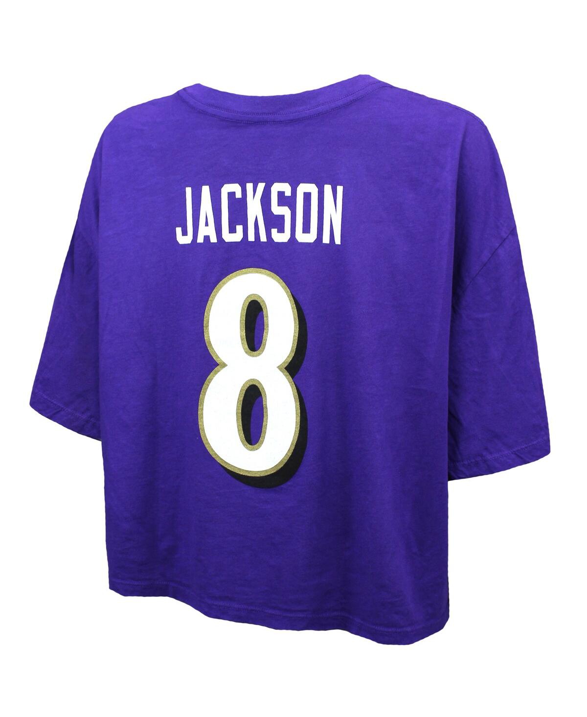 Majestic Threads Women's Lamar Jackson Purple Baltimore Ravens Swarovski Crystals Boxy Cropped Name Number T-Shirt