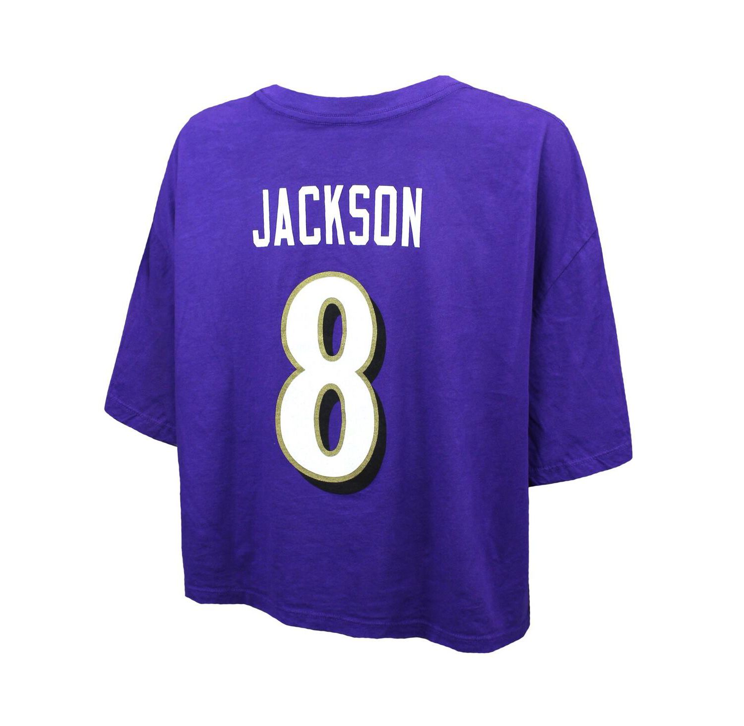 Women's Lamar Jackson Purple Baltimore Ravens Swarovski Crystals Boxy Cropped Name & Number T-Shirt