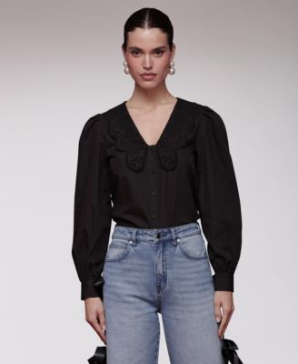 Avec Les Filles - Women's Embroidered Woven V-Neck Top