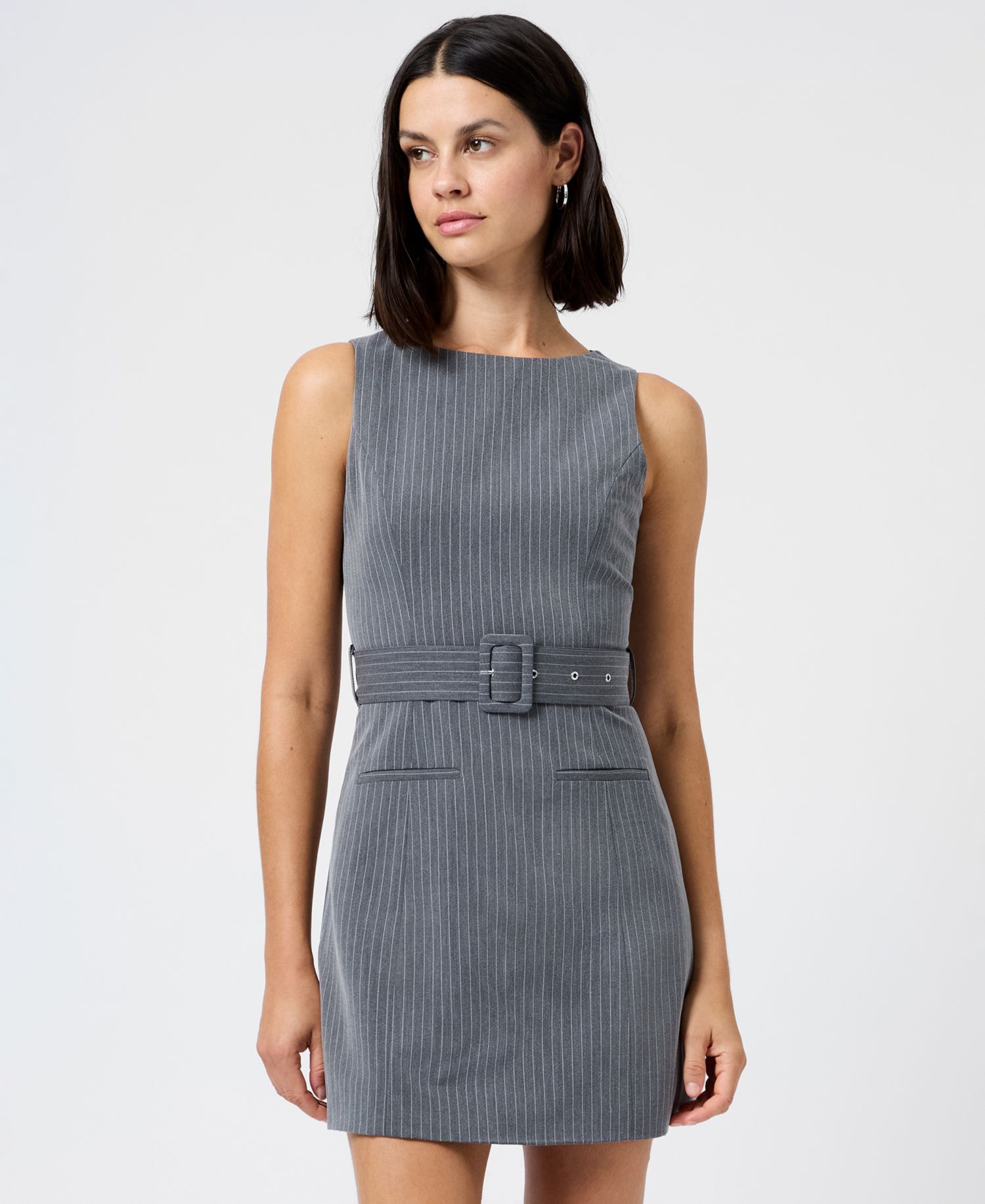 Women's Minka Pinstripe Belted Boat Neck Mini Dress