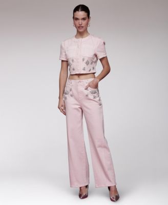 Women's Rhinestone-Trim Hollywood-Waist Wide-Leg Jeans