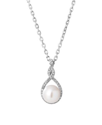 Macy's - Freshwater Pearl (7mm) Diamond (1/10 ct. t.w.) Pendant Necklace in Sterling Silver