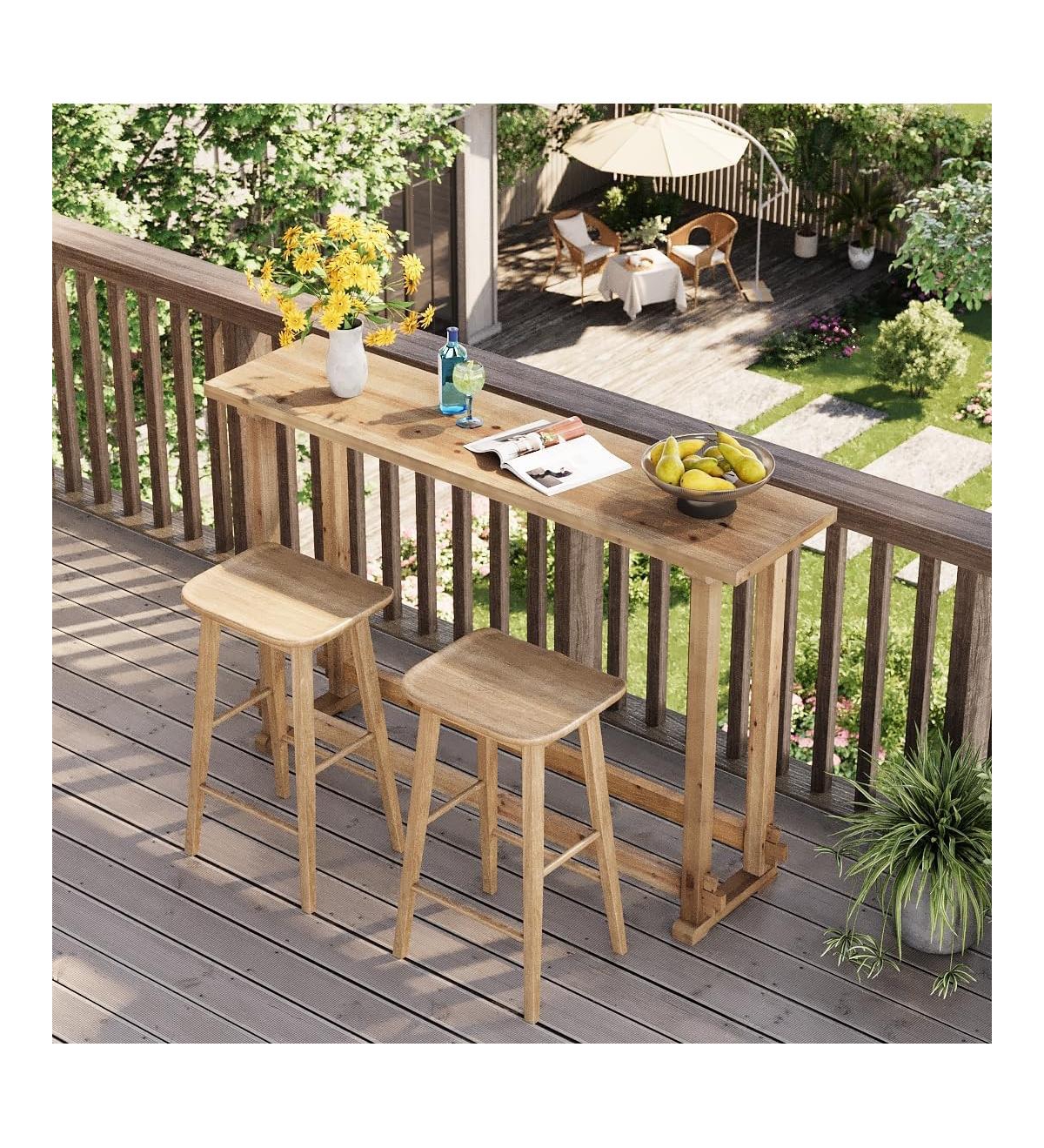 Tribesigns 63" Long Bar Table, Solid Wood Pub Table with Footrest