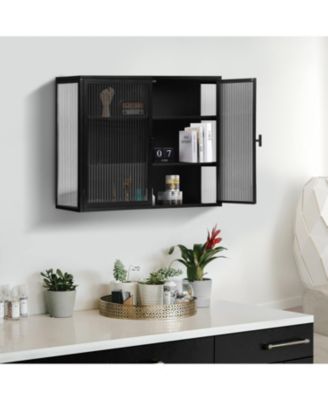 27.56" Two-Door Wall Cabinet with Glass Doors and Three-Tier Storage for Entryway, Living Room, or Bathroom