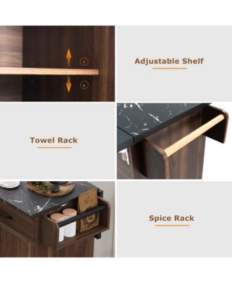 CASAINC Wood Rolling Drop Leaf with Trash Can Storage, Spice Rack, Towel Rack, Drawer & Adjustable Shelf Kitchen Island Cart
