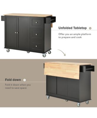 Rolling Kitchen Island with Solid Wood Top, Drop Leaf Bar, Locking Wheels, Storage Cabinet, Spice Rack, Towel Rack and Drawer, 52.7inch
