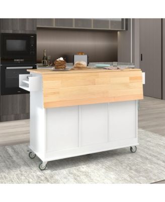 Rolling Kitchen Island with Solid Wood Top, Drop Leaf Bar, Locking Wheels, Storage Cabinet, Spice Rack, Towel Rack and Drawer, 52.7inch