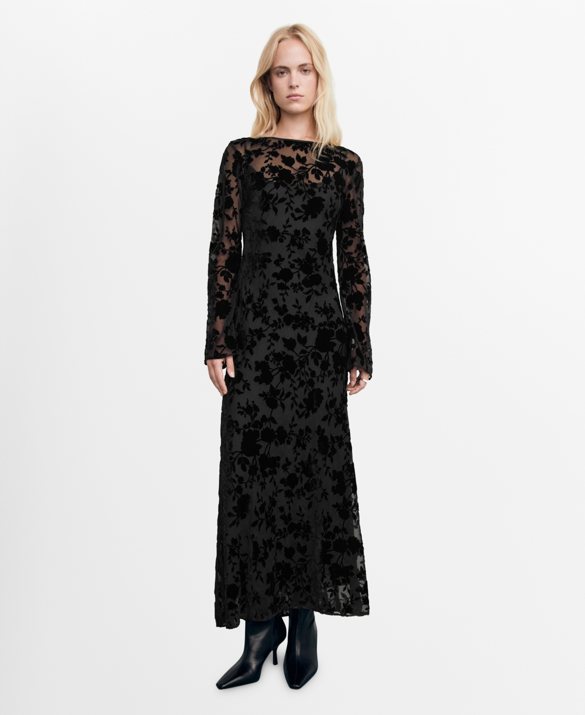 Mango Women's Bell Sleeves Floral Jacquard Dress