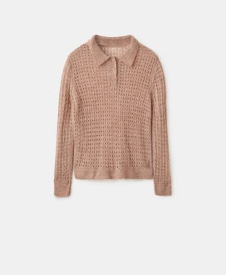 Women's Openwork Knitted Polo-Neck Sweater
