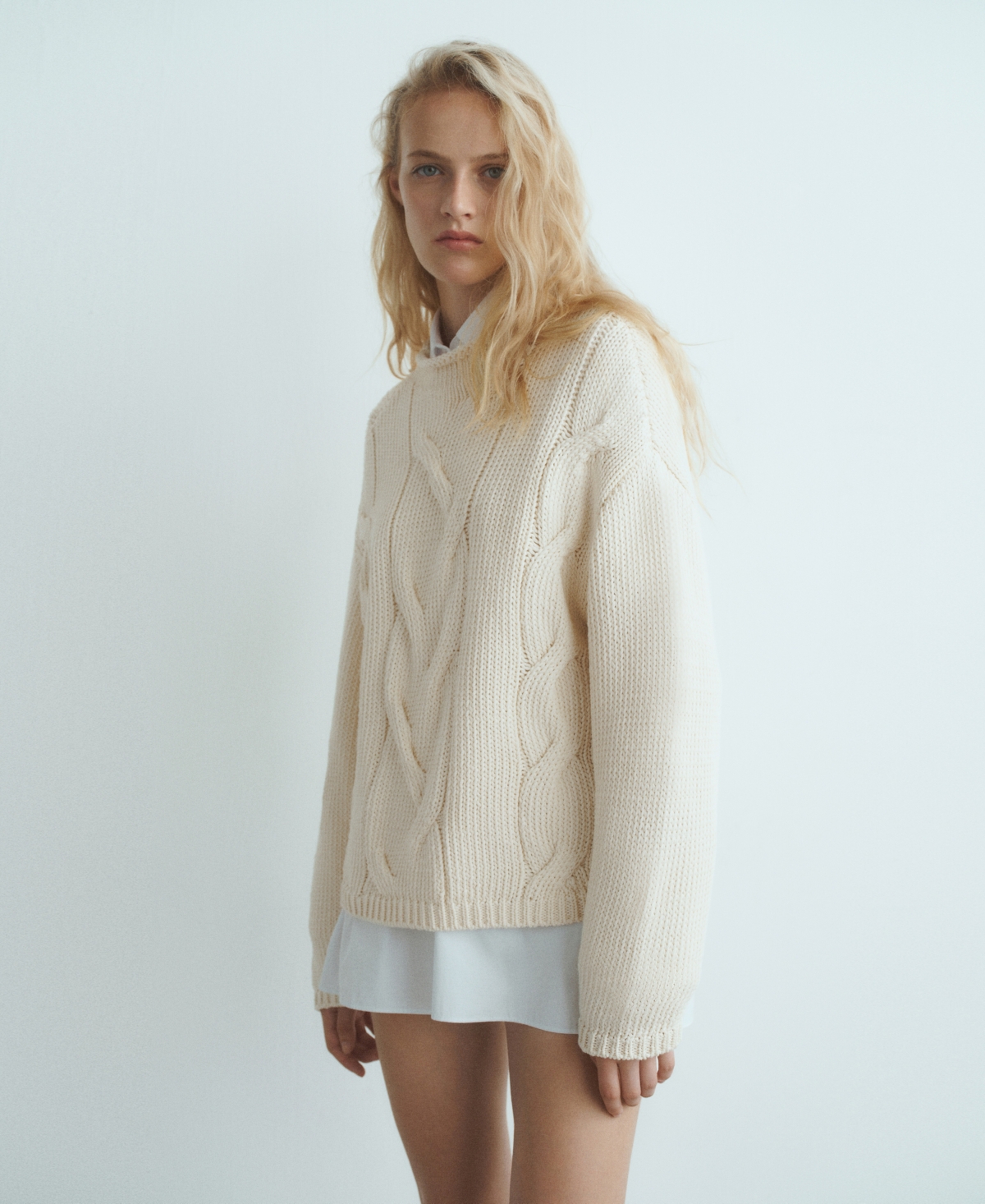 Mango Trenzas Cable Roll Neck Sweater In White