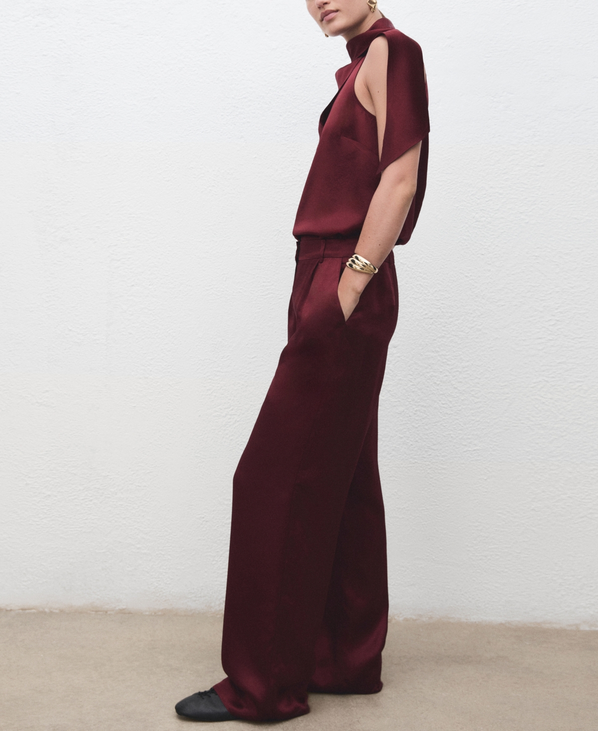 Mango Wide Leg Satin Pants In Burgundy