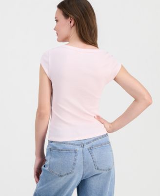 Juniors' Boat-Neck Cap-Sleeve Cotton T-Shirt