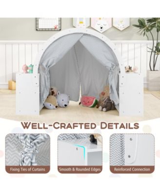 Wooden Kids Play Tent with Curtain Shades and 8 Cubbies-White