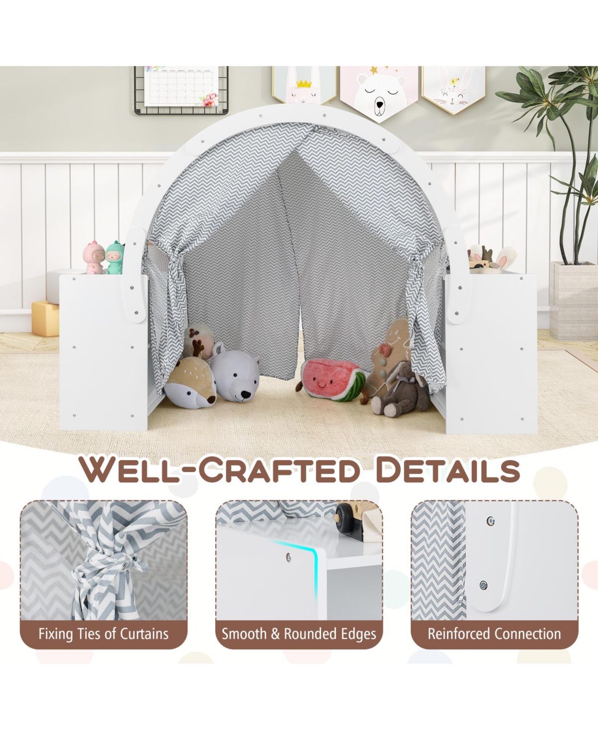 Skonyon Wooden Kids Play Tent with Curtain Shades and 8 Cubbies-White