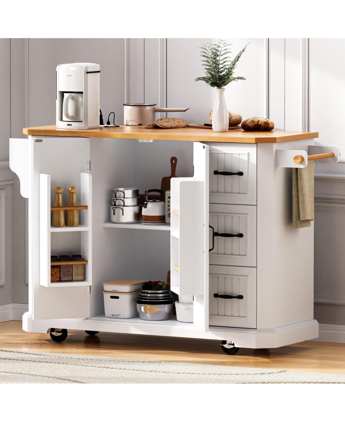 Casainc 56" Kitchen Island Cart, Drop Leaf, Power Outlet, 4 Shelves, 6 Drawers, Rubber Wood Veneer, Rolling for Dining Room
