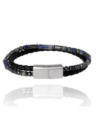 Men s Braided Leather & Sodalite Bead 8.5'' Bracelet, Black/Blue, Magnetic Clasp