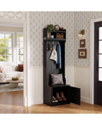 Slim Hall Tree with Cabinet and 6 Hooks, Minimalist Black Wood/Metal Foyer Organizer