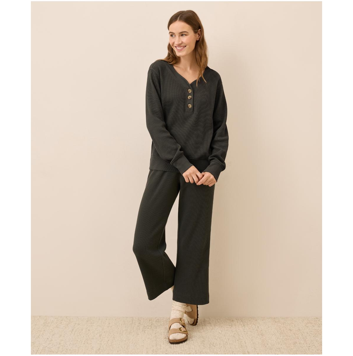 Pact Women's Thermal Waffle Henley Pullover