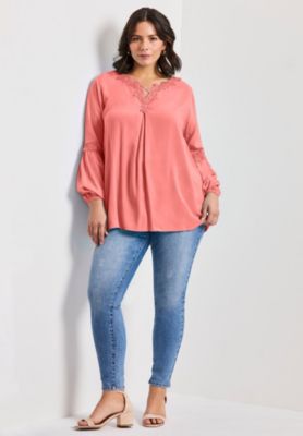 Women's Plus Size Crochet Lace Trim Top