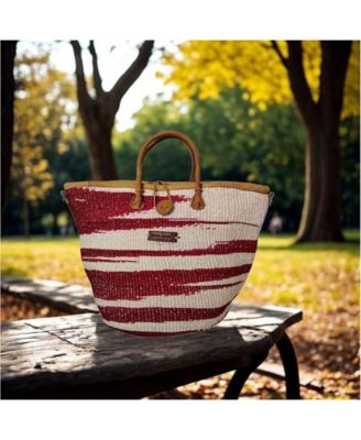 Crimson Courage Handwoven Red & White Sisal Straw Basket Tote