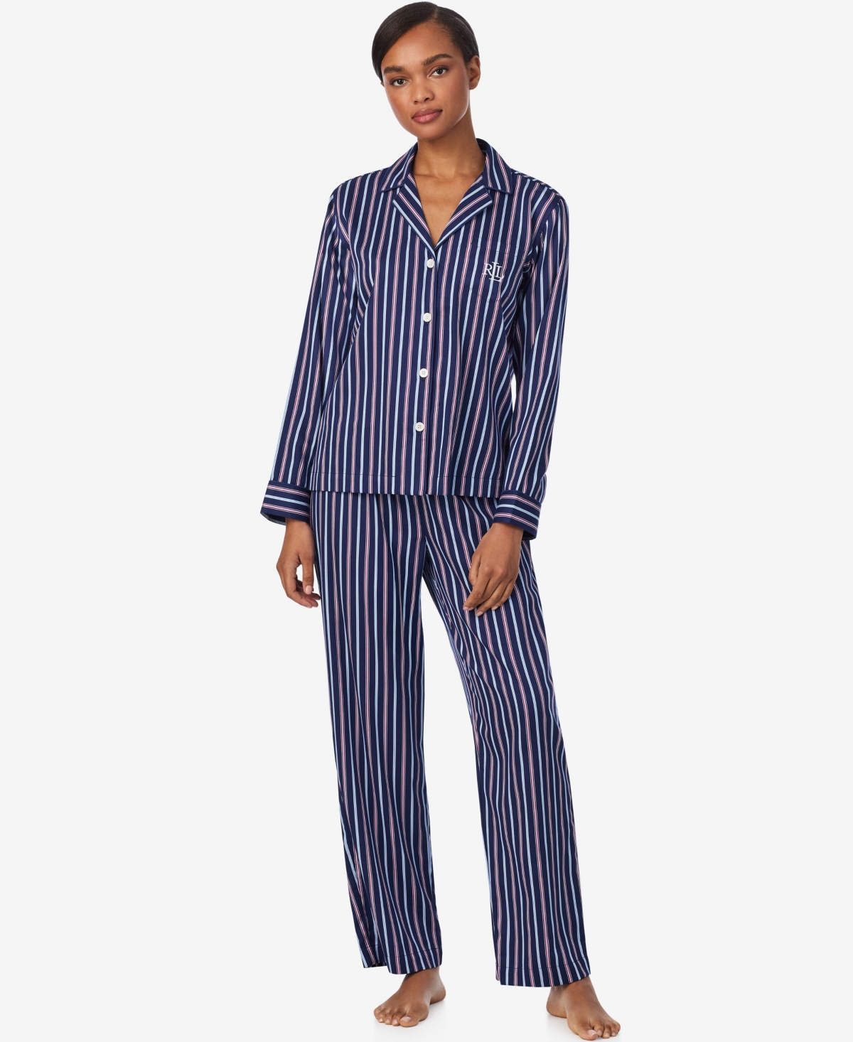 Ralph Lauren Women's Long Sleeve Notch Collar Long Pant Pajama Set In Blue