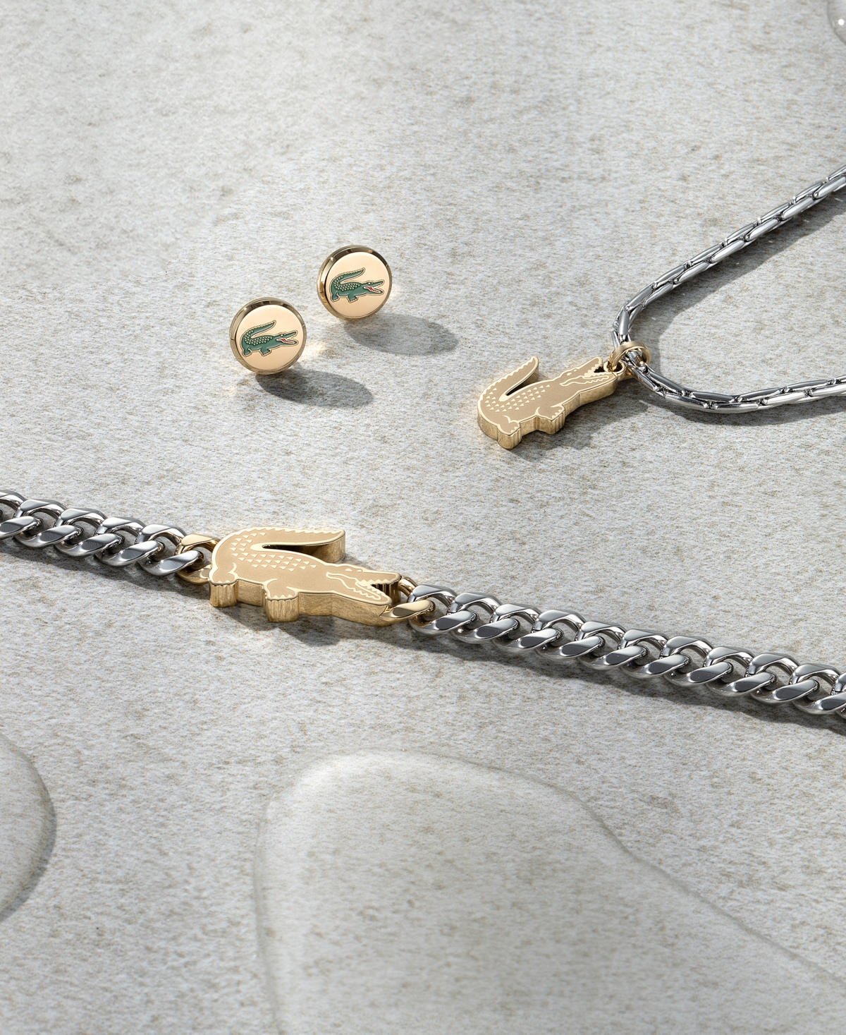 Lacoste Men's Arthor Silver-Tone Stainless Steel with Enamel Crocodile Stud Earrings