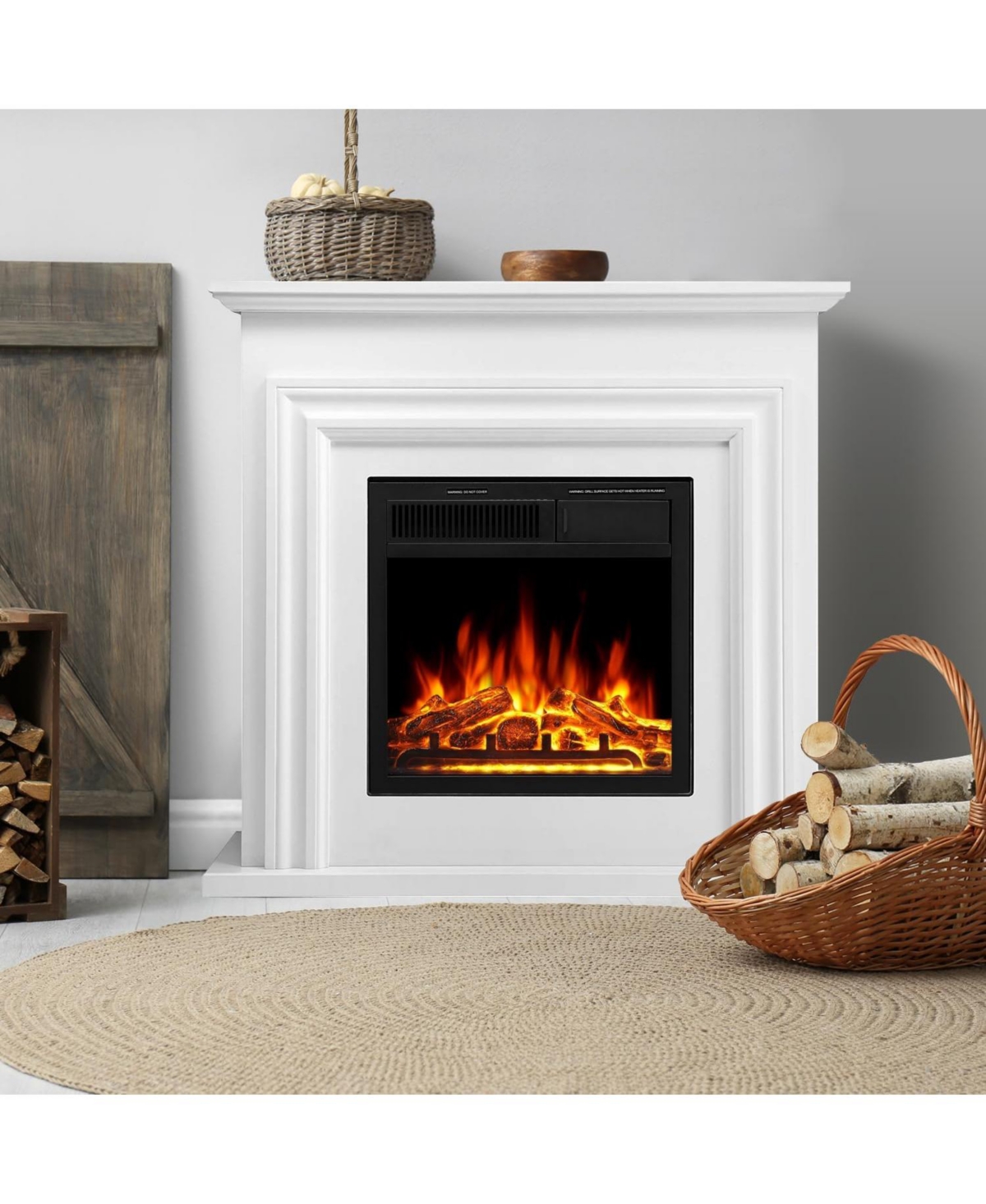 Cowsar Electric Fireplace Heater Wooden Surround Firebox, Remote Control, Adjustable Led Flame, 750W/1500W Freestanding Fireplace