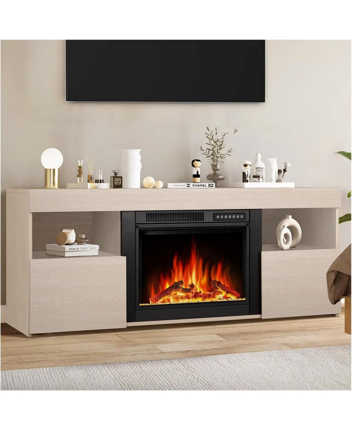 Cowsar 60" Fireplace Tv Stand Mantel Wood Surround Firebox Freestanding Fireplace Heater Infrared Quartz Heater Adjustable Led Flame, Remote Cont